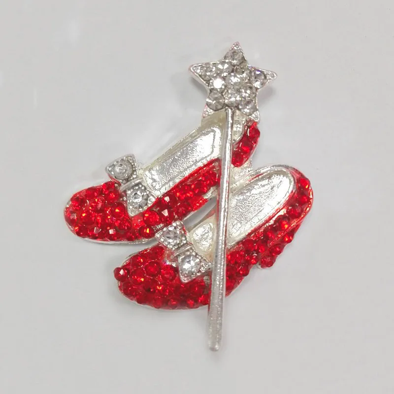 10 pcs/ 20 pcs/ 50 pcs /100 pcs/ Wholesale lot Gold Plating Red Slippers Oz Wizard Rhinestone Jewelry Brooch Pin For Woman