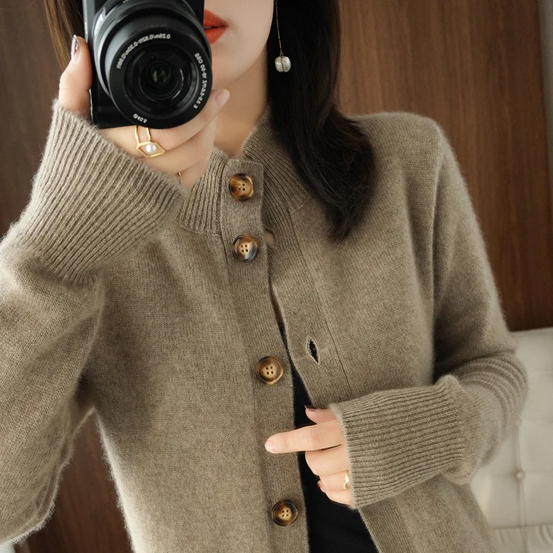 Autumn and Winter 100% Wool Cashmere Sweater Women\'s Self-Cultivation Half High Neck Cardigan Warm Knitted Sweater Women