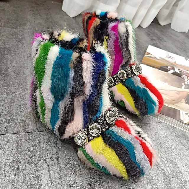 Winter Colorful Patchwork Strappy Mink Fur Snow Boots Rhinestone Elastic Eskimo Fur Boots Women Plush inner