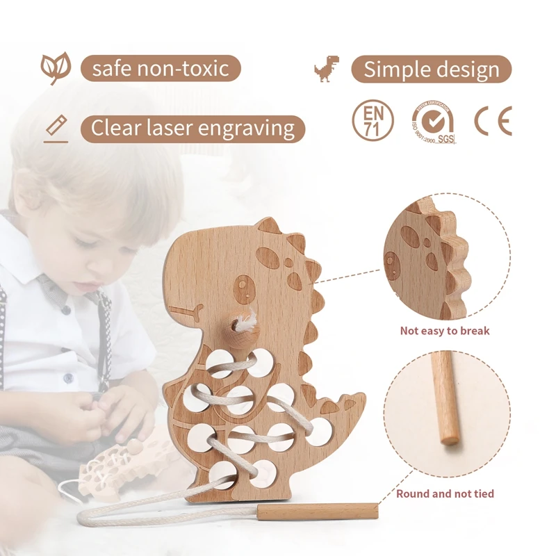 Wooden Threading Board Toy Beech Dinosaur Shape Educational Fingers Flexible Training Montessori Early Learning for Baby Gifts