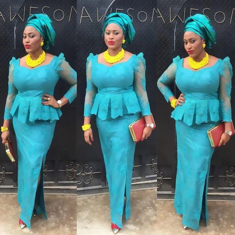 Vestidos De Noche nigerianos, Vestido De noche Formal africano De manga larga con encaje Aso Ebi, De fiesta, azul, 2019