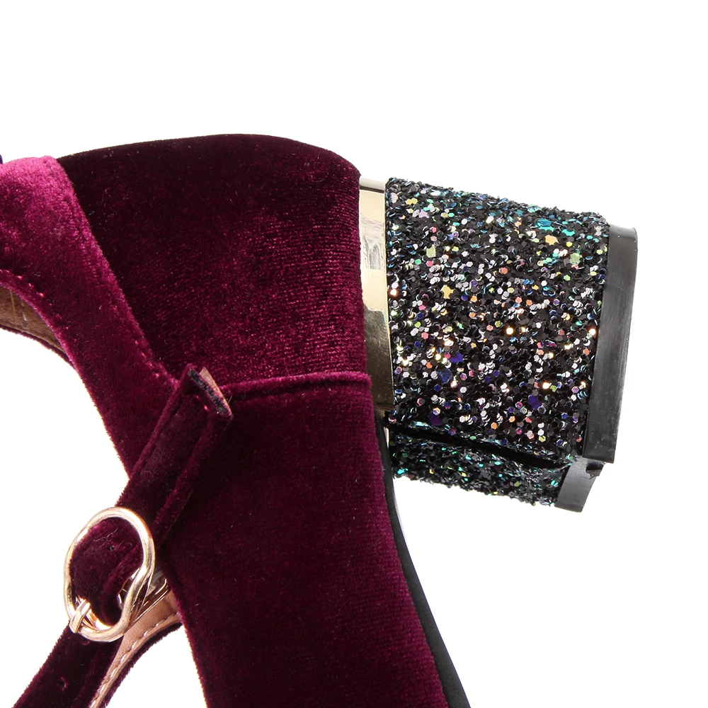 Spring velour burgundy Pumps women shoes buckle strap bling glitter sequined heels mary janes woman green velet high heel Female