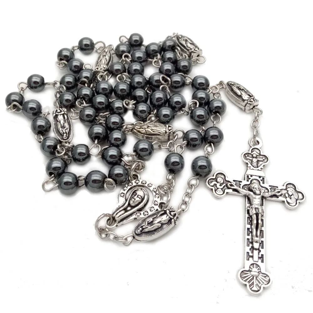 QIGO Vintage Hematite Rosary Necklace Metal Virgin Cross Pendant Religious Pray Jewelry For Men Women