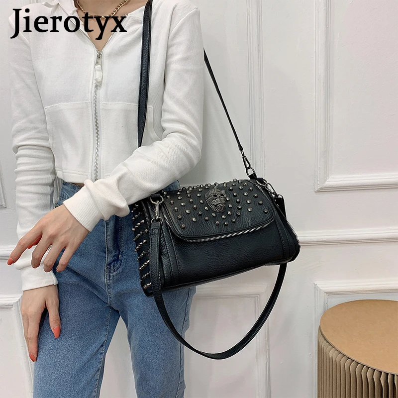 JIEROTYX Sexy Rivet Shoulder Bags Female Luxury Designer Punk Skull Gothic Style Womens Handbags Large Capacity Messenger Bags