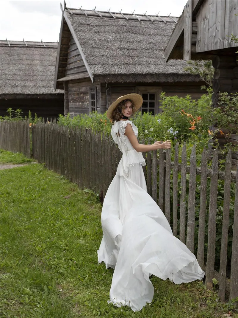 Robe de mariée princesse en mousseline de soie, style Boho, avec plis et dentelle perlée, col en v, dos nu, robes de mariage à plusieurs niveaux