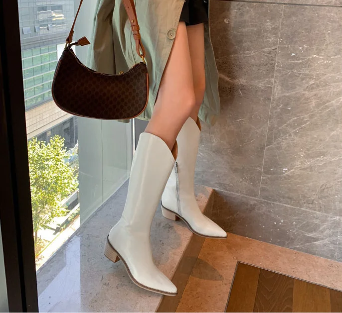 

Knee High Boots Western Cowboy Boots for Women Long Winter Zipper Pointed Toe Cowgirl wedges Motorcycle Thick Heels