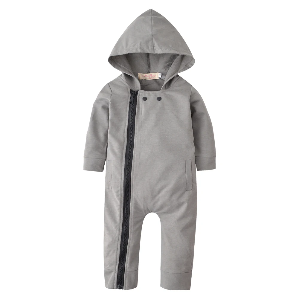 Newborn Baby Boy Romper Clothes Fashion Cotton Gray Hooded Long Sleeve Zip Jumpsuit Autumn Infant One-pieces Clothing Outfits