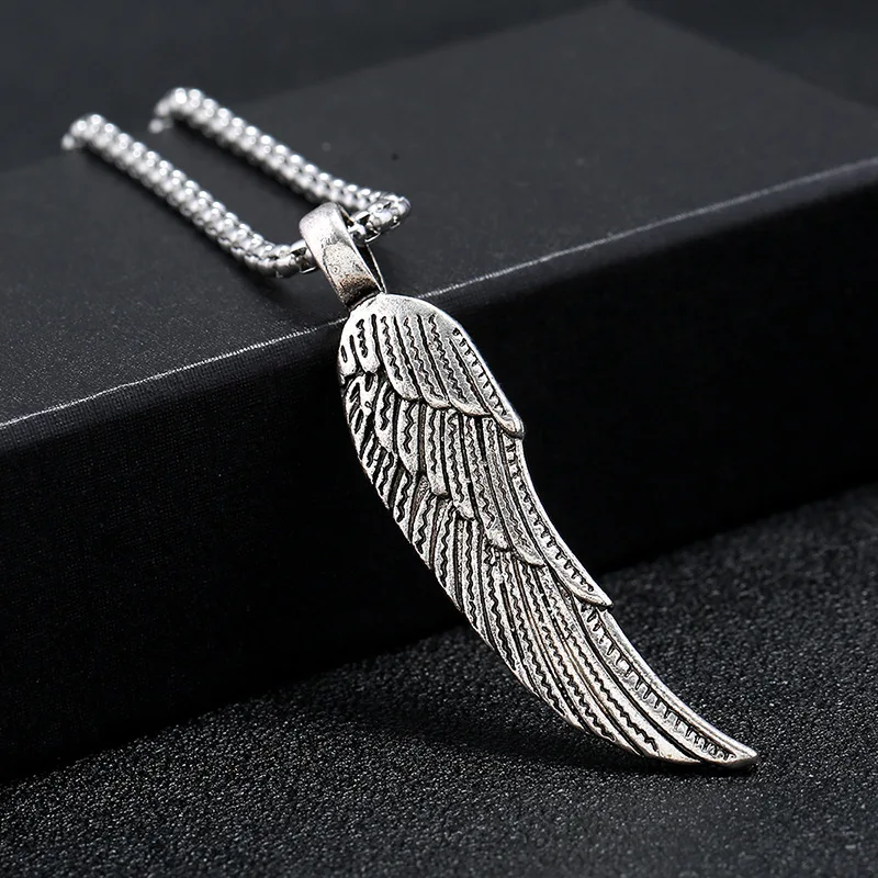 Personality Men\'s Women\'s Jewelry Vintage Cross Angel Wing Pendant Necklace  Long Stainless Steel Necklace Charms