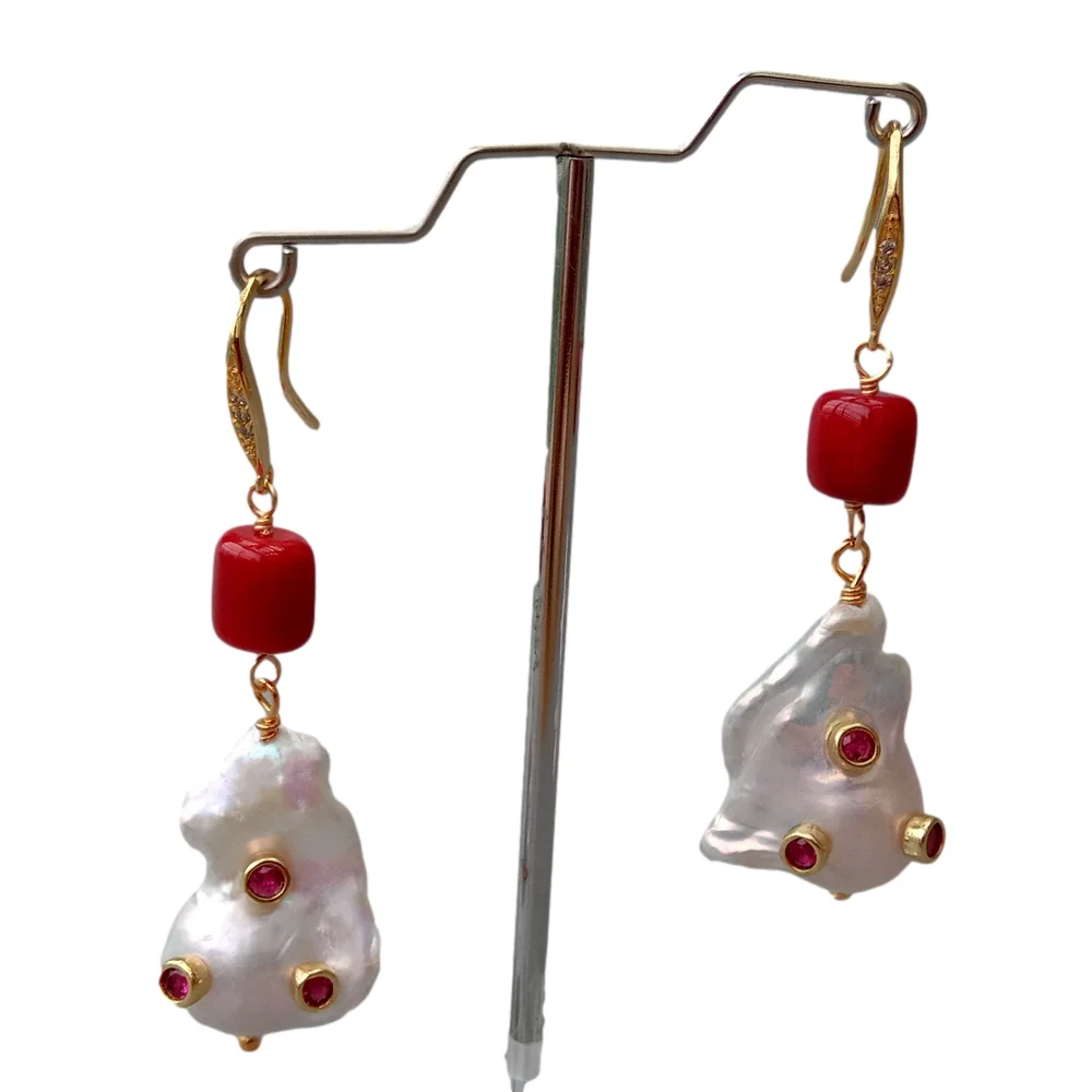 

Freshwater Cultured White Keshi Pearl Red Coral Dangle CZ Pave Hook Earrings Women Jewelry