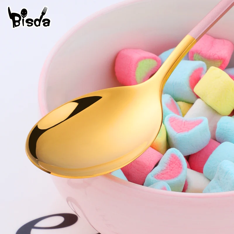 1PCS Korea Spoon Stainless Steel Soup Spoon Long Handle Gold Dessert Spoons Round Dinner Spoon Set Tableware Set