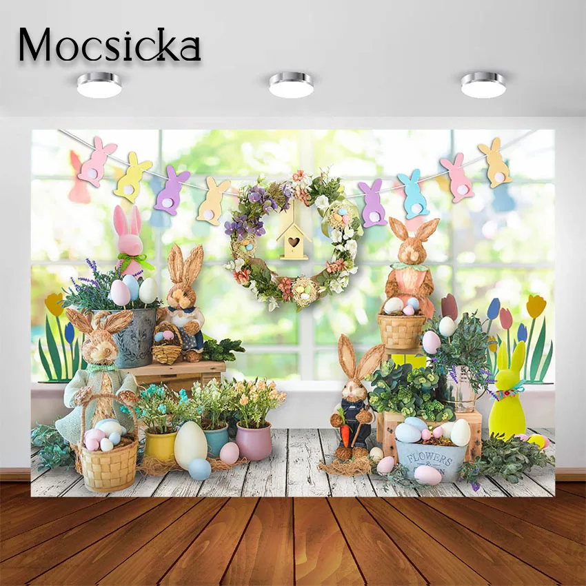 Mocsicka Easter Backdrops Spring Window Scenery Bunny Eggs Newborn Baby Child Portrait Photography Background for Photo Studio