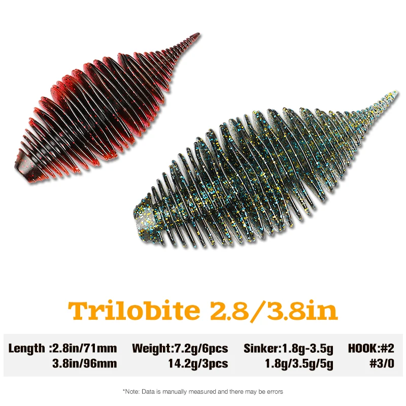 TSURINOYA Bellows Gill Soft Worm Fishing Lure TRILOBITE 2.8in/7.2g/6pcs 3.8in/14.2g/3pcs Silicone Baits Pike Bass Swimbait Rig