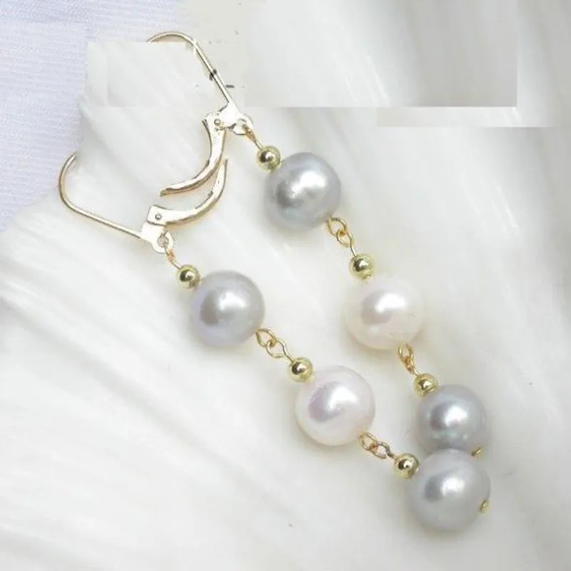 Free shipping Charming AAA ++genuine Natural South Sea White Gray Pearl Earrings Gold 925silver