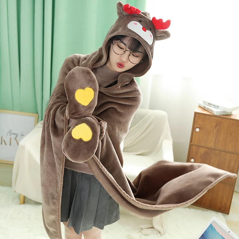 160cm Cute Elk&Cat&Bear&Rabbit Plush Cape Lazy Blanket Soft Cartoon Fruit Avocado Stuffed Cloak Doll Cosplay Air Blanket Gift