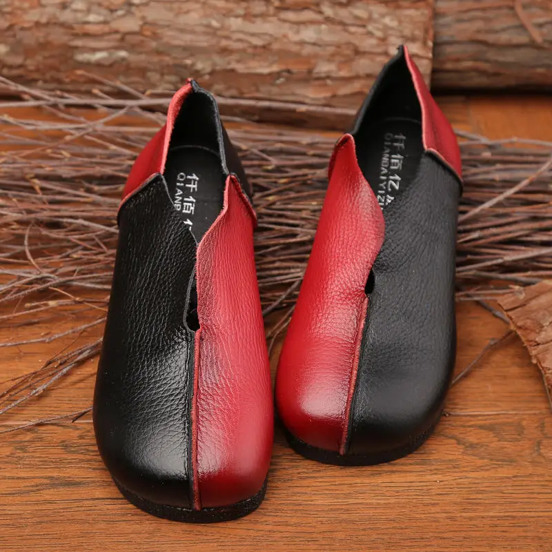 Designer Two Tone Shoes Woman Genuine Leather Ballet Flats Ladies Vintage V-Cut  Loafers Women Unique Moccasins