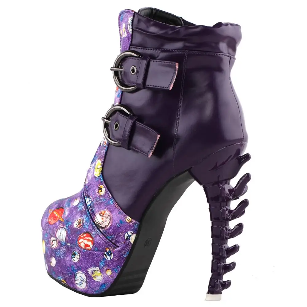 LF80685 SHOW STORY Punk Vintage Rockabilly Purple Strap Buckle High-top Bone Platform Ankle Boots