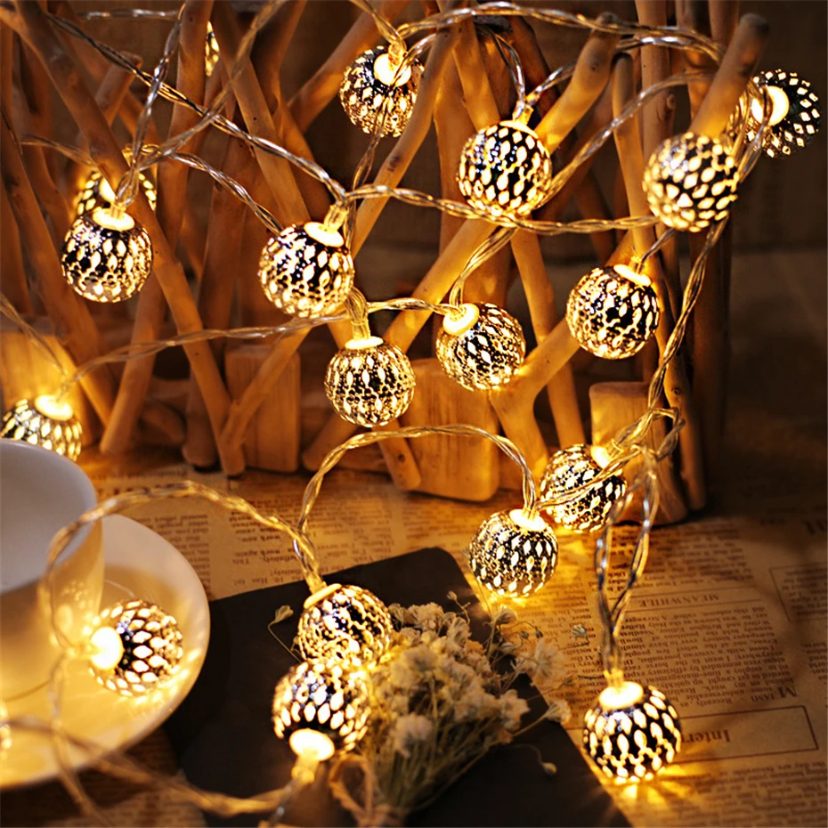 Led Light String Battery USB Power Hollow-out Moroccan Balls Garland  Fairy Lights Wedding Party Christmas Decoration Lamp