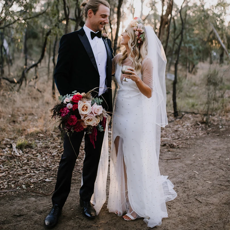 Vestido de novia de manga larga nupcial de dos piezas con perlas, ilusión personalizada, abertura larga de tul, tirantes finos con espalda al aire libre