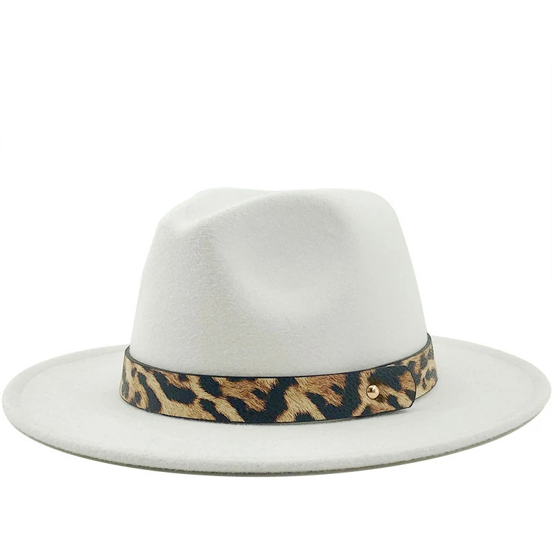 

Women men Wool Jazz Fedora Hats Casual Men Women Leather Leopard belt Felt Hat white pink yellow Panama Trilby Formal Party Cap