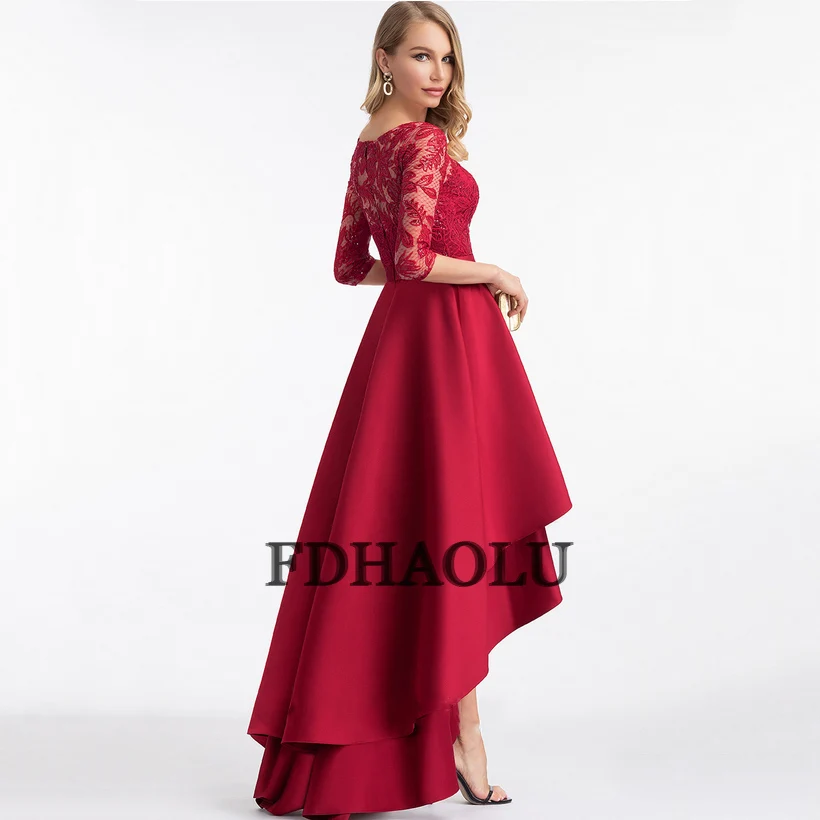 AE01 Burgundy Satin Prom Gaun Renda O-Neck Setengah Asimetris Tanpa Lengan Seksi Pesta Vestidos Largos