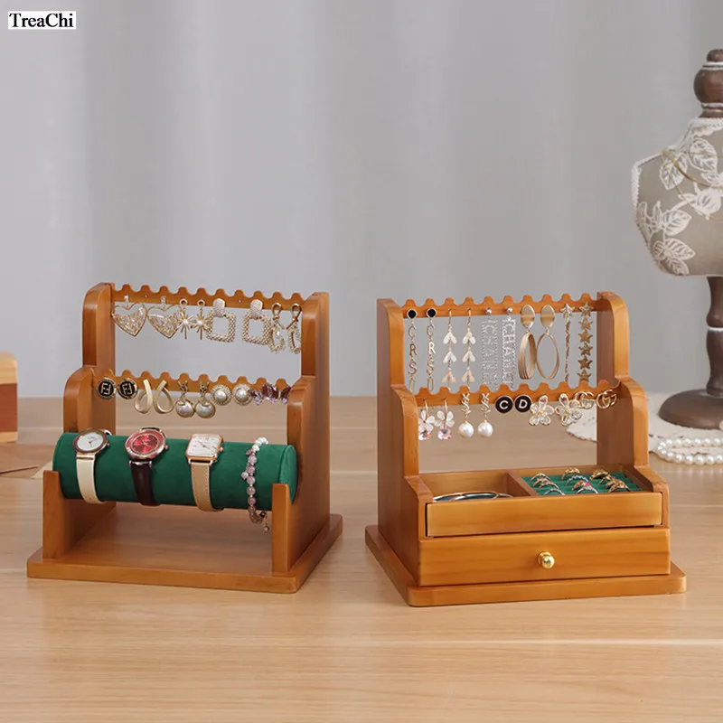 خزانة عرض مجوهرات من الخشب الصلب العتيق - رف متعدد الوظائف من نوع الدرج لتخزين قلادة السوار - منظم عتيق #1