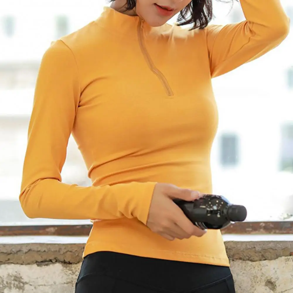 Women Long Sleeve Solid Color Half Zipper T-shirt Quick Dry Fitness Gym Blouse Yoga Clothing Sportswear