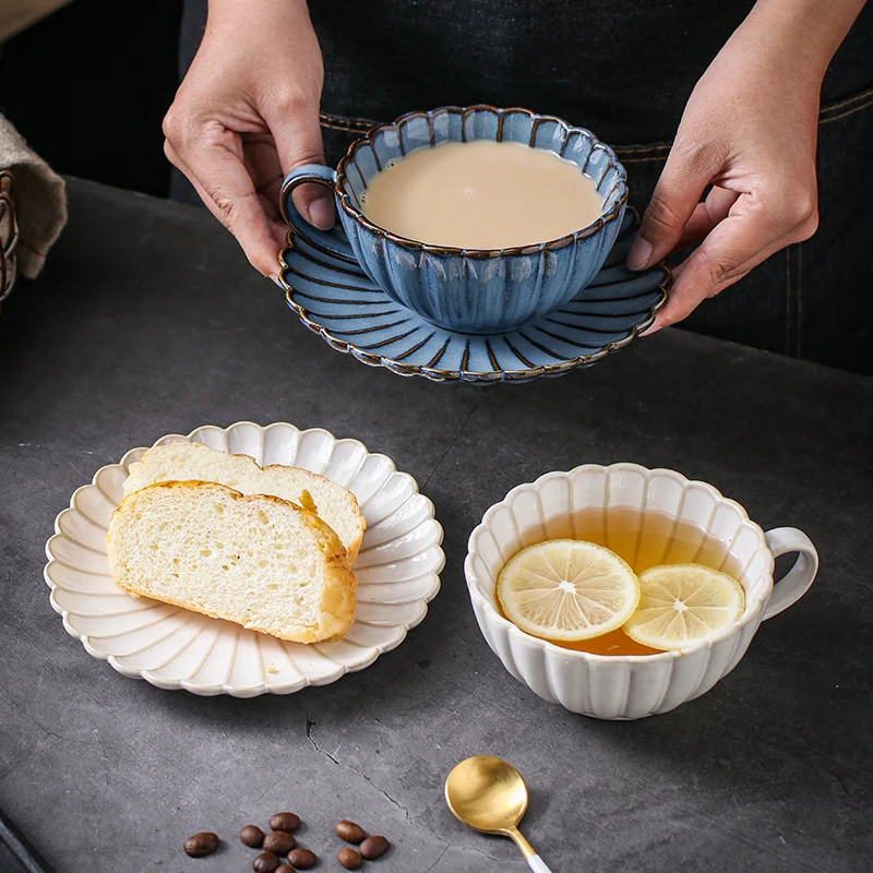 Vintage Coffee Cup Japanese Solid Color Ceramics Cup Saucer Set Breakfast Milk Mug Household Tableware