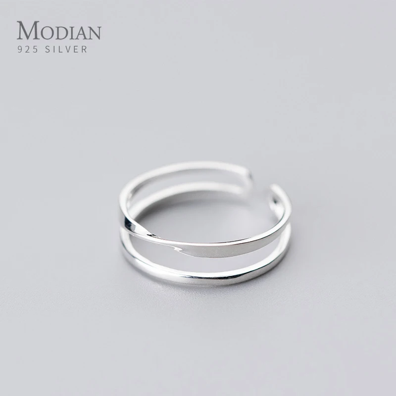 Modian-Minimalista Duplo Círculo Linha Anel Simples para Mulheres, 925 Sterling Silver, Aberto, Anel de Dedo Ajustável, Jóias Finas