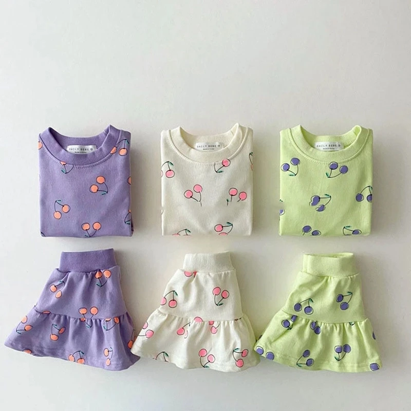 Cherry Print Tees and Shorts Skirt Suit 2Pcs Girls Clothes Set