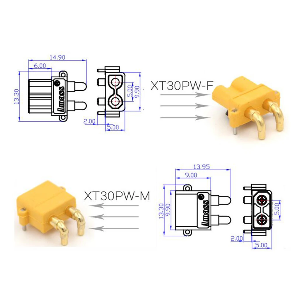 10 x Amass XT30PW ESC Motor PCB board plug Banana Golden XT30 Upgrade Right Angle Plug Connector for RC mode (5 Pair )