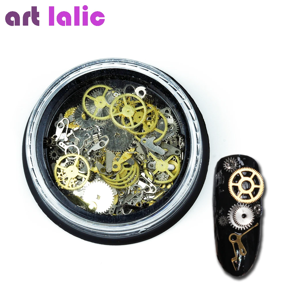 1 boîte de breloques en métal pour décoration des ongles, tranches d'engrenage 3D, colle Punk Steampunk mixte pour Nail Art