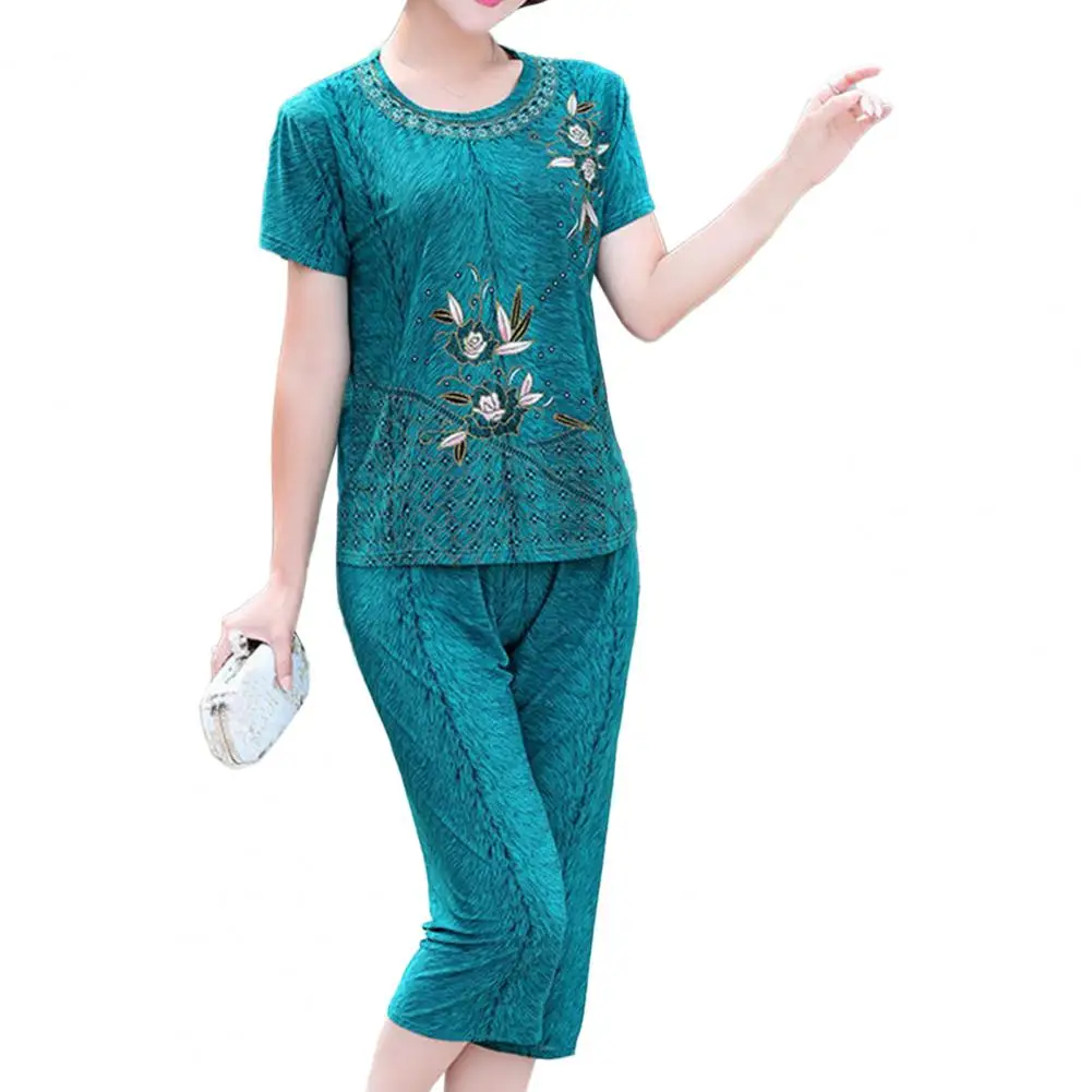 Summer Women Pant Set Pajamas Suit O Neck Floral Print Short Sleeve T-shirt Pants Loose Outfit for Middle-aged Mom Women Suit