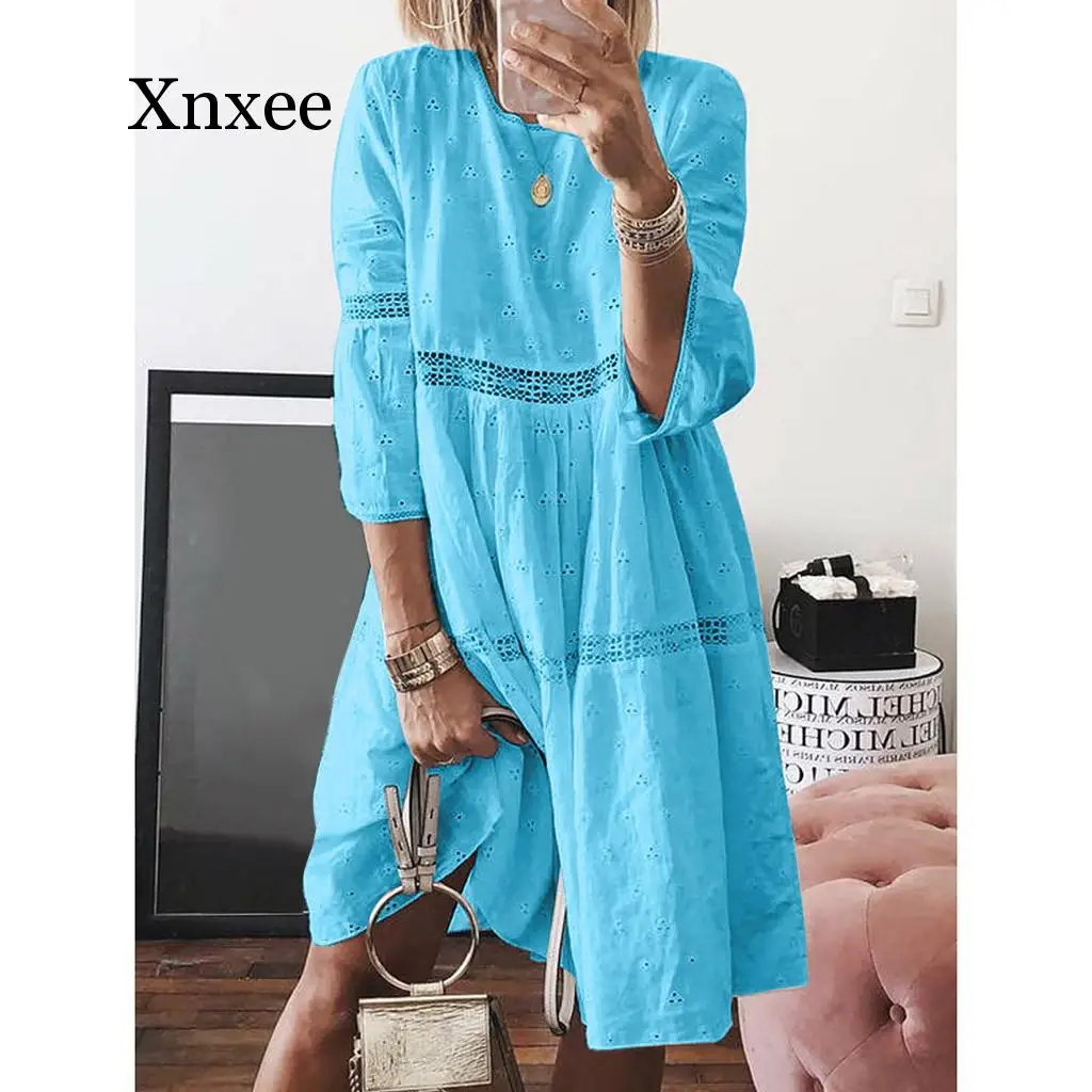 

Women Boho Solid Crew Neck Dresses Hollow Out Splice Mid-Long Dresses summer beach dress white vintage baby blue