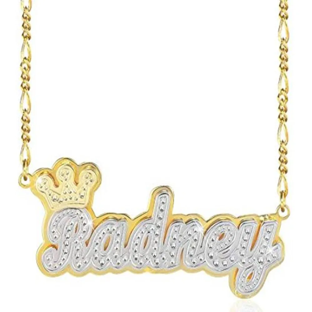 

Figaro Chain Custom Name Necklace Double Nameplate Necklace 2 Toned Pendant Necklace with Crown Customized Name For Gift Jewelry