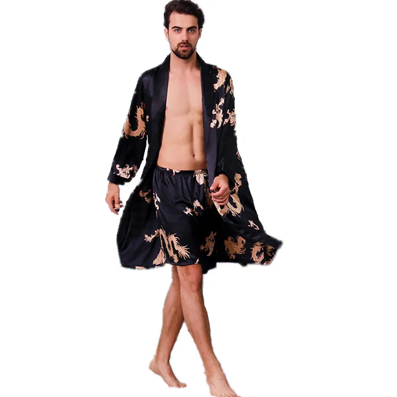 Men Silk Bathrobe and Shorts 2 Piece Set Plus Size Long Bath Robe Male Satin Kimono Night Gown Print Dragons Pyjama 6xl 7xl