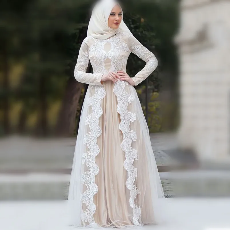 Muslim Lace Wedding Dresses With Hijab Arabic Bridal Gowns Islamic Long Sleeve Bridal Dress Robes de mariée Vestidos de novia