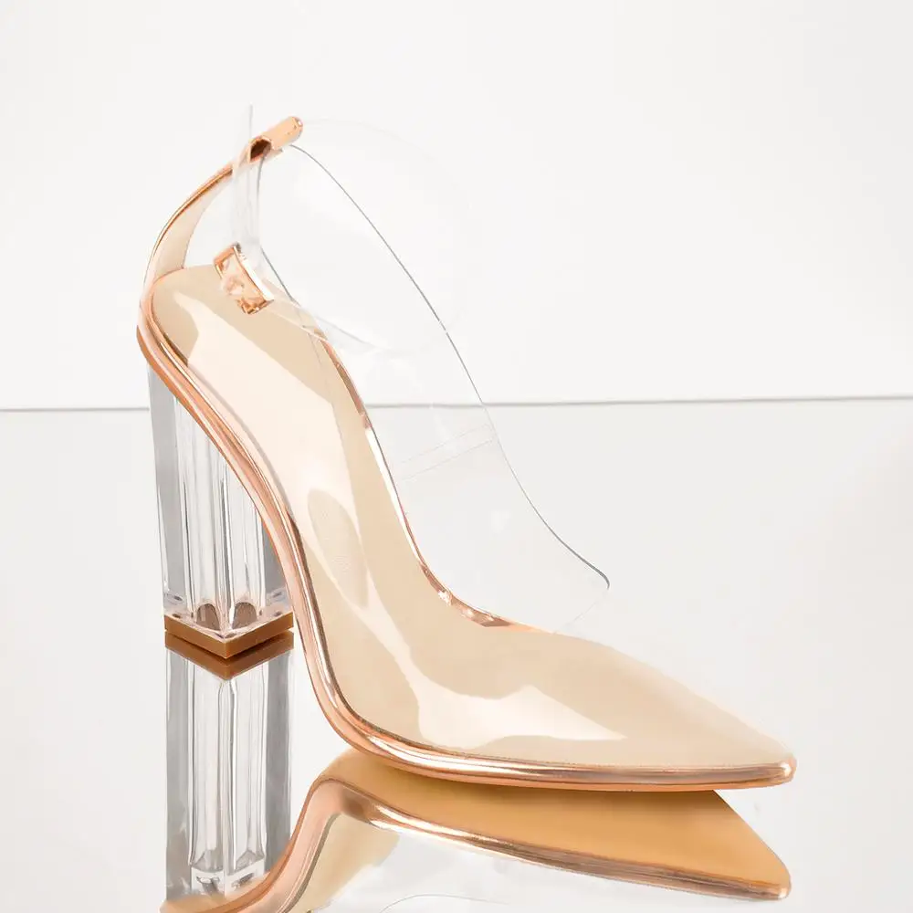 Onlymaker Women Clear Pumps Pvc Pointed Toe Ankle Strap Block Chunky High Heel Dress Big Size Shoes