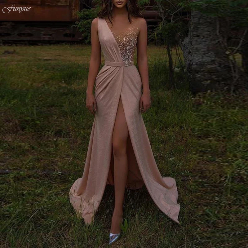 Nude Pink Mermaid Evening Dresses 2022 Latest Fashion Beaded Dubai Saudi Arabic Prom Gowns Long Sexy Slit Formal Party Dress