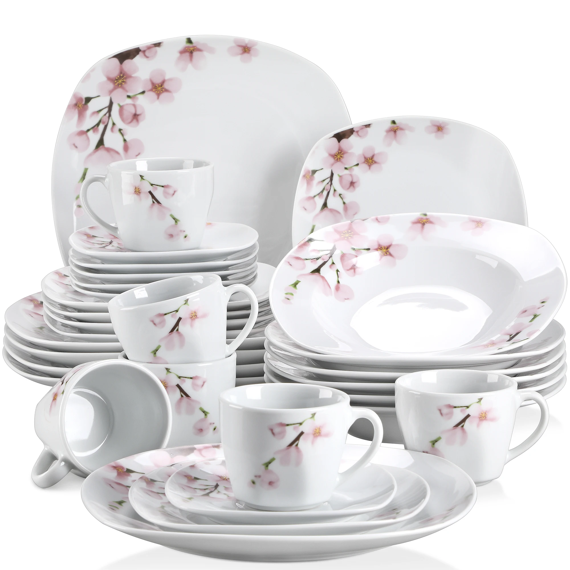 

VEWEET ANNIE 30-Piece White Ceramic Pink Floral Porcelain Plate Set with Dinner Soup Dessert Plate,Coffee Cups and Saucer for 6