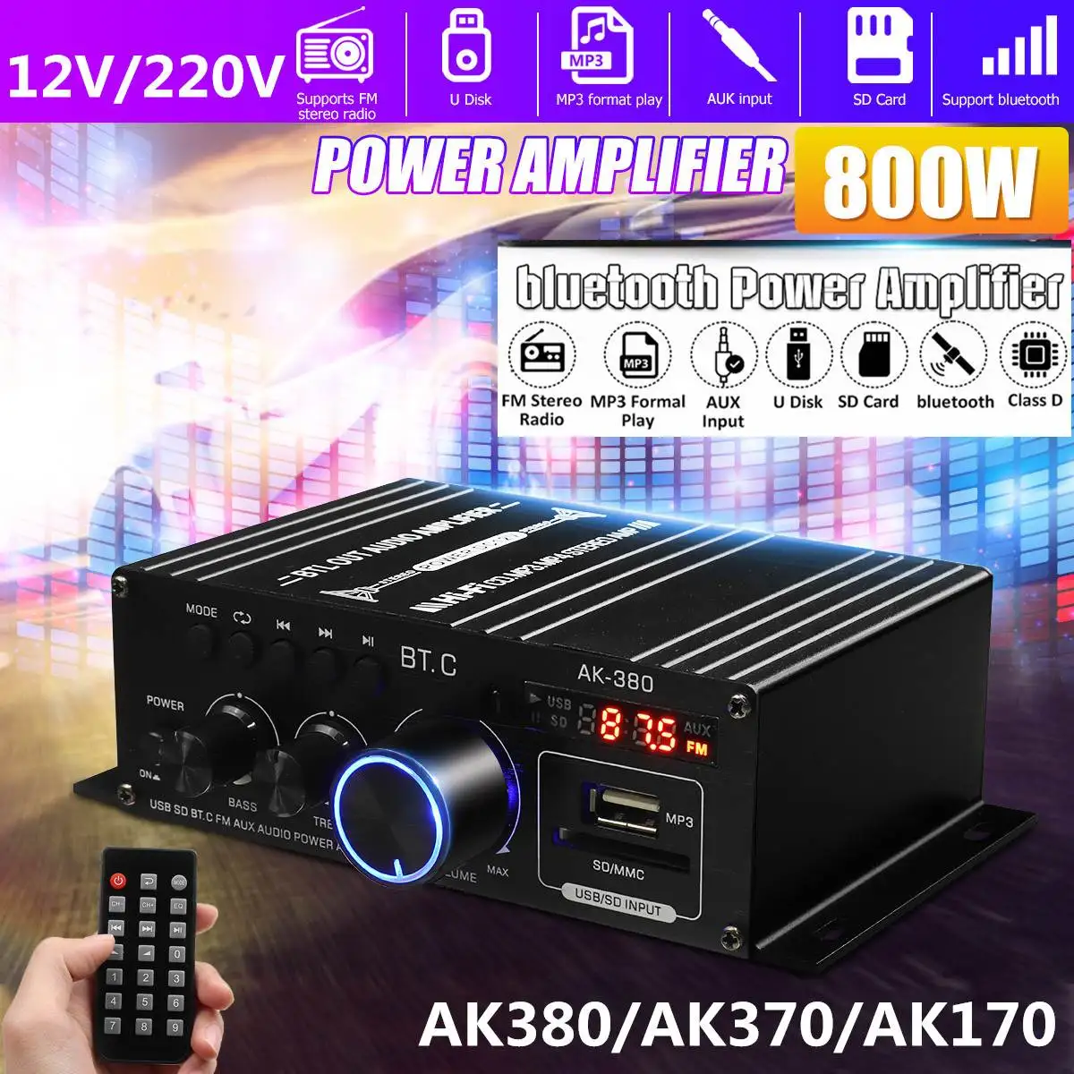 AK380/AK370/AK170 800W 2 Kanaals Eindversterker Audio Karaoke Home Theater Versterker Bluetooth Klasse D Versterker usb Sd Aux