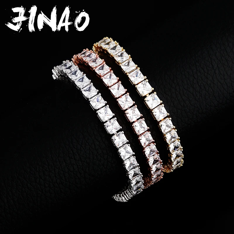 JINAO 6mm Width High Quality Hip Hop Tennis Large Square Cuban Bracelet Iced Out Bling Cubic Zirconia Jewery For Women Gift