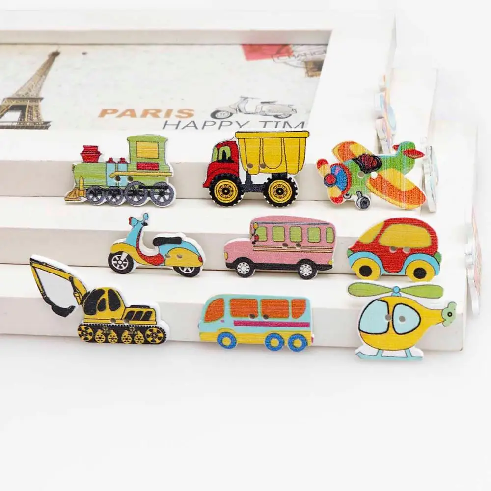 25pc Mix Wooden Painted Cartoon Car 2 holes Buttons Mix Conveyance Way For Crafts Scrapbooking DIY Sewing Kid Children Clothes