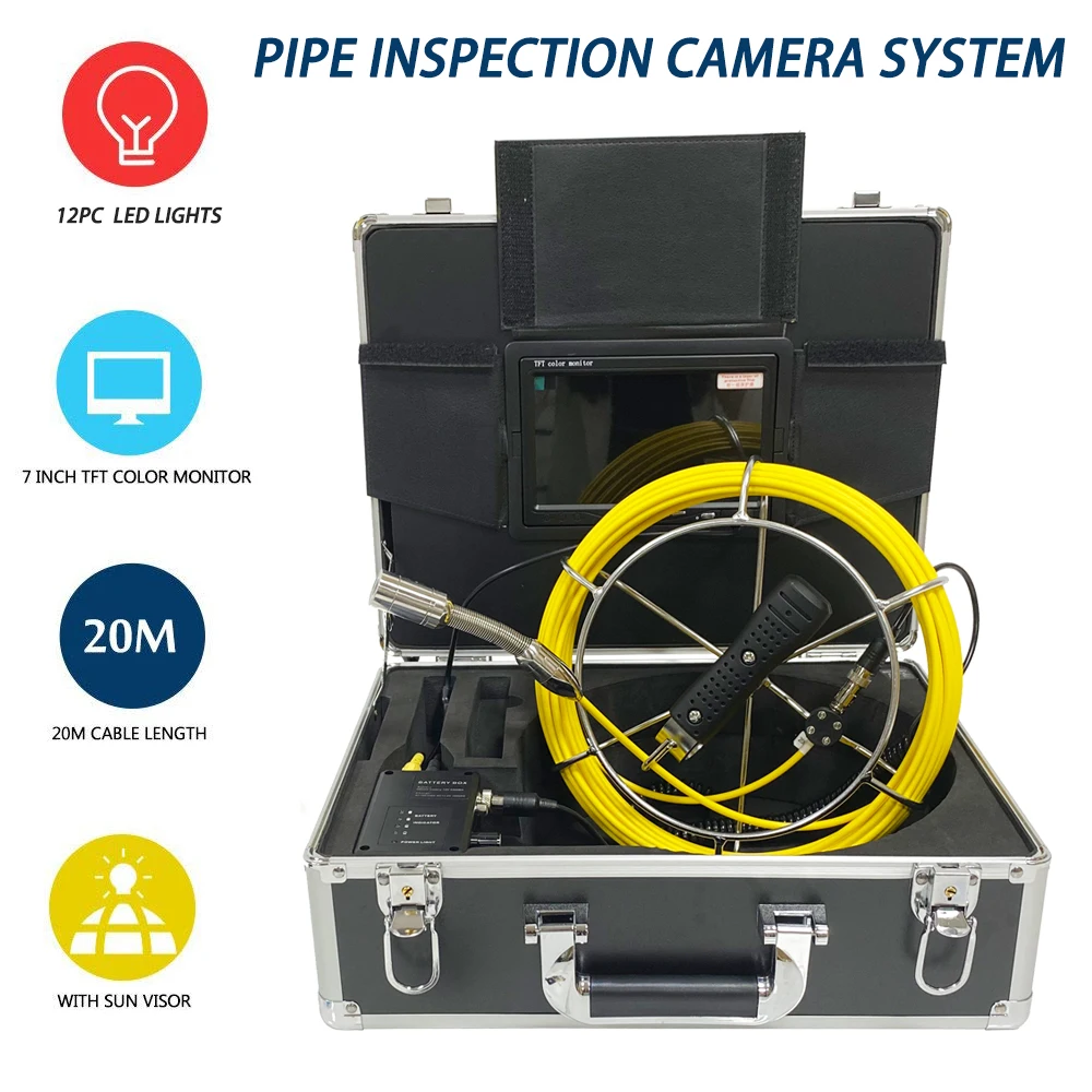 

20m Cable 7inch 23mm HD 1000TVL Camera Head Pipe Inspection Equipment Portable Drain Sewer Industrial Endoscope System 12pcs LED