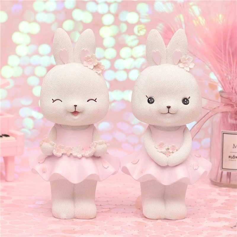 Cute Rabbit Cartoon Pink Bunny LED Figure Figurine Money Box Resin Music Box Luxury New Year Birthday Gift Home Decor Piggy Bank