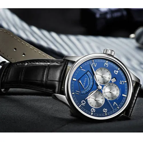 Parnis 26 Jewels Luxury 42mm Moon Phase Automatic Men Watches Leather Strap Miyota 9100 Blue DIal Power Reserve