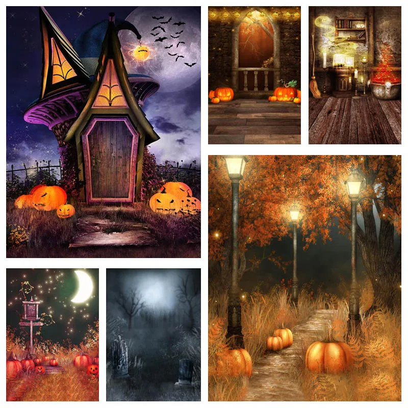 Avezano Halloween Photography Background Night Forest Castle Bat Moon Light Pumpkin Lantern Backdrop For Photo Studio Photozone