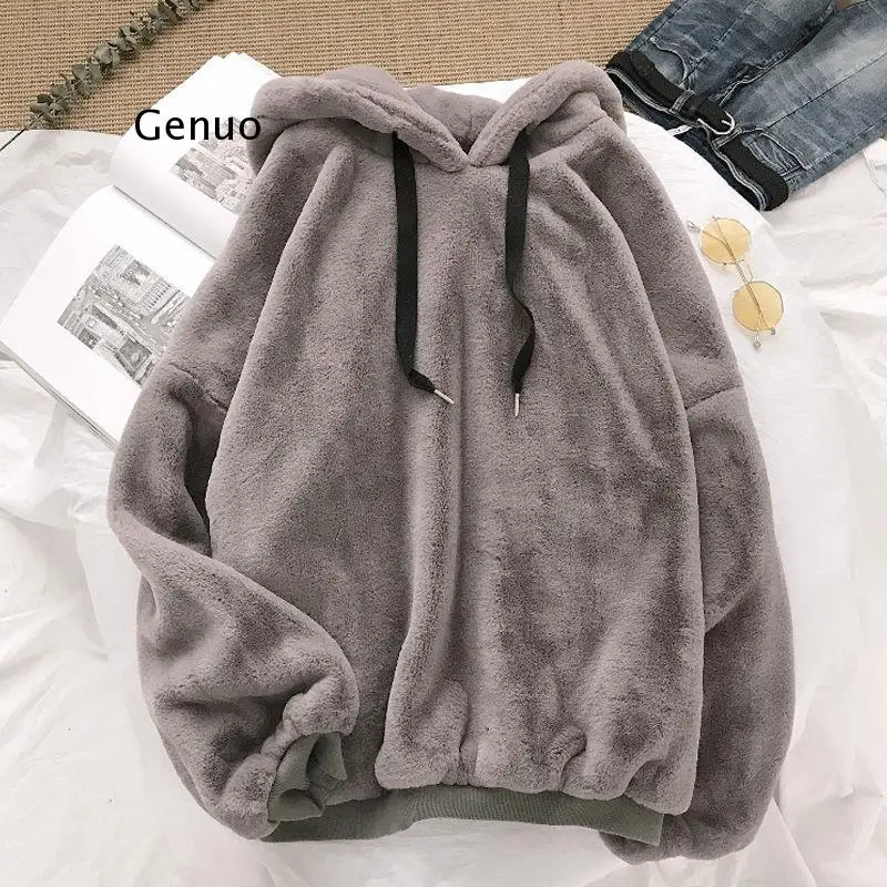 

Autumn Winter Coats Soild Sweet Hooded Women Harajuku Loose Casual Warm Hoodies Ladies Fleece Flannel Pullover Female Sweatshirt