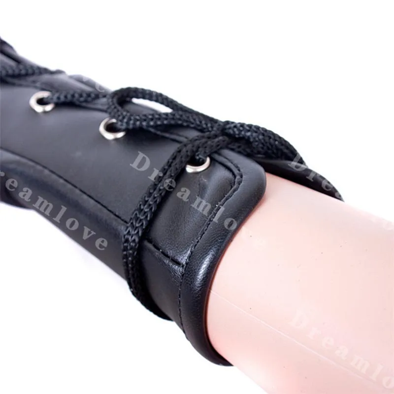 PU Leather Women Fetish Pet Play Cosplay Fingerless Gloves Fist Mitts Mittens with Strong Lace Up and D Ring Costumes