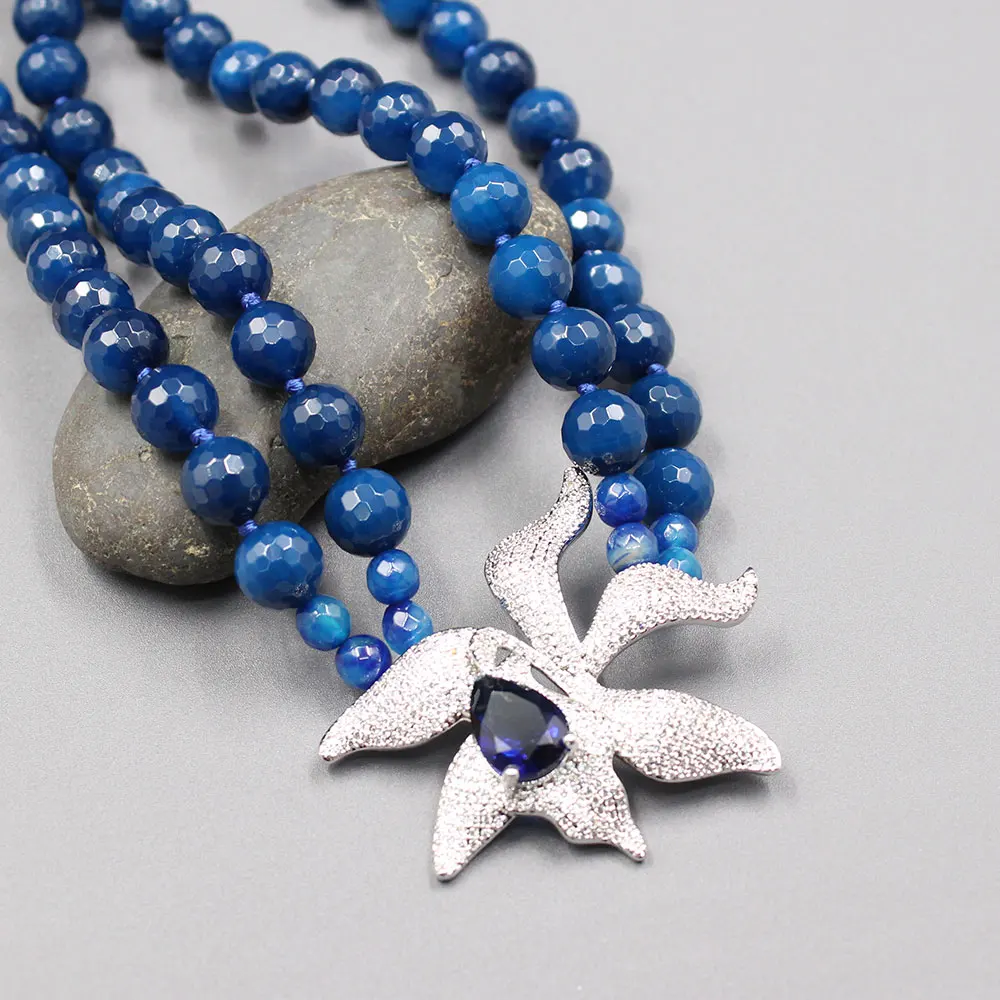 GuaiGuai Jewelry 19\'\' 2 Rows Natural Blue Agate Necklace CZ Flower Pendant For Women