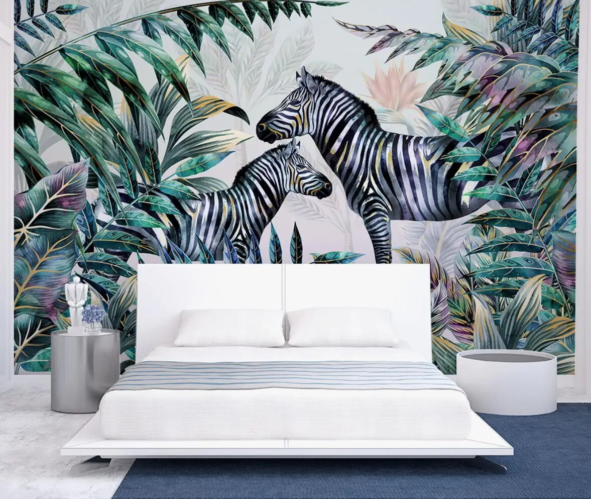 Custom Large Mural giraffe Wall Paper Living Room Sofa Bedroom Tropical plant forest animal zebra Wallpaper Murals 3d sticker